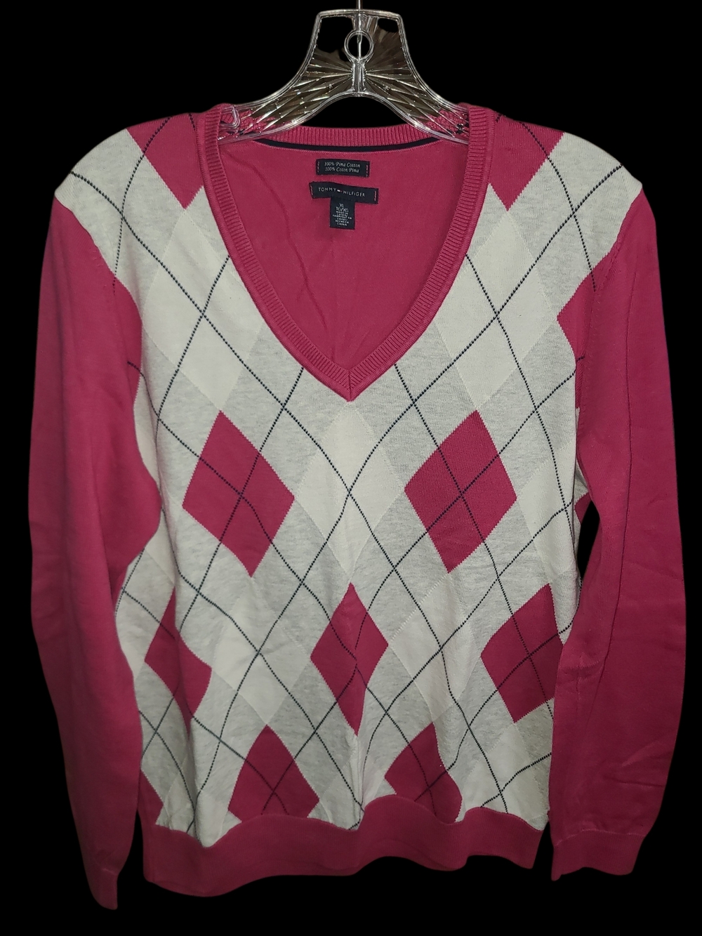 Tommy Hilfiger Pink and White Argyle V-Neck Pullover